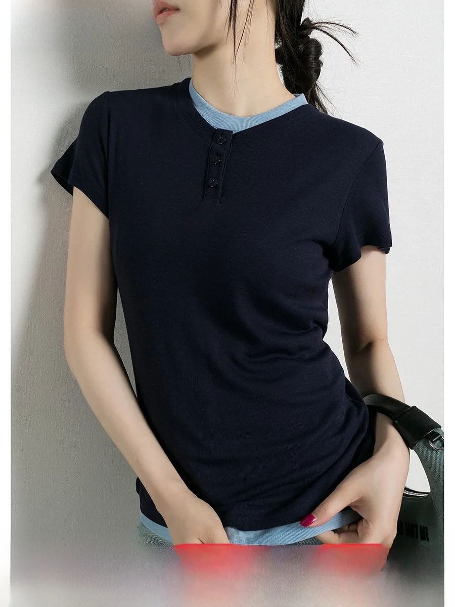 

Модная женская футболка с двойным слоем и эффектом двухслойности, с круглым вырезом и коротким рукавом, темно-синяя, весенне-осенняя, модный дизайн, из смесового хлопка