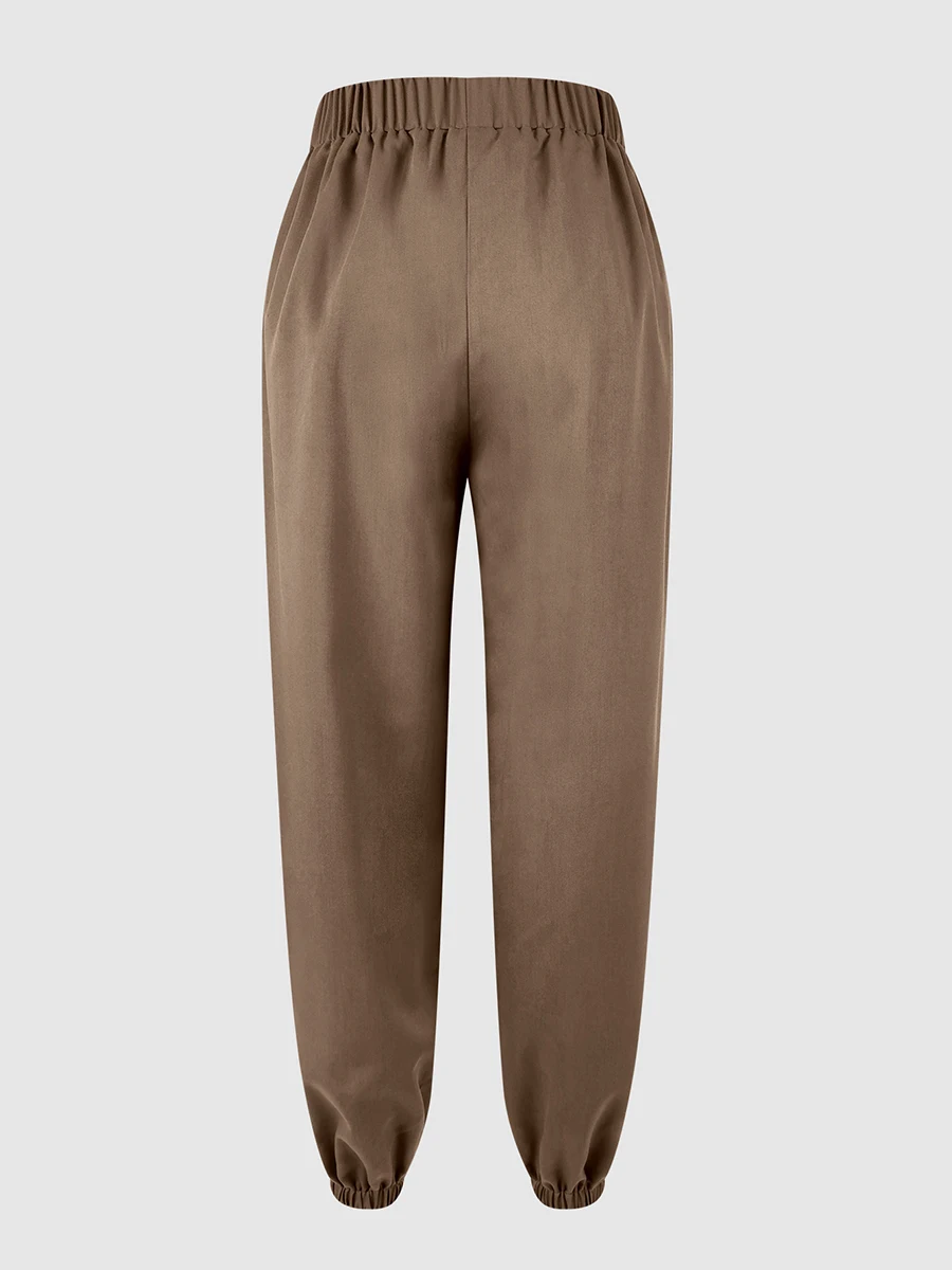 Damen Casual Einfarbige Weite Haremshose Baggy Ballonhose mit Hoher Taille, Kordelzug und Elastischen Knöchelmanschetten, Strand-Jogginghose – Detail 5