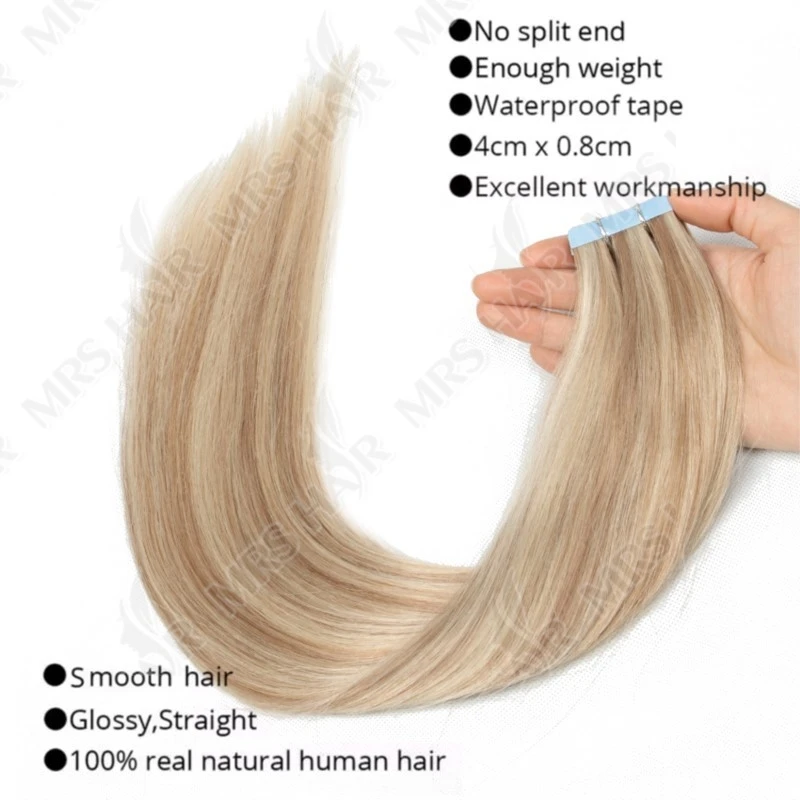 MRSHAIR Tape in Hair Extensions Human Hair Blonde Seamless Tape Hair Extensions 4x0.8cm Skin Weft PU Tape On Hair 20PCS 12"-24" image 2