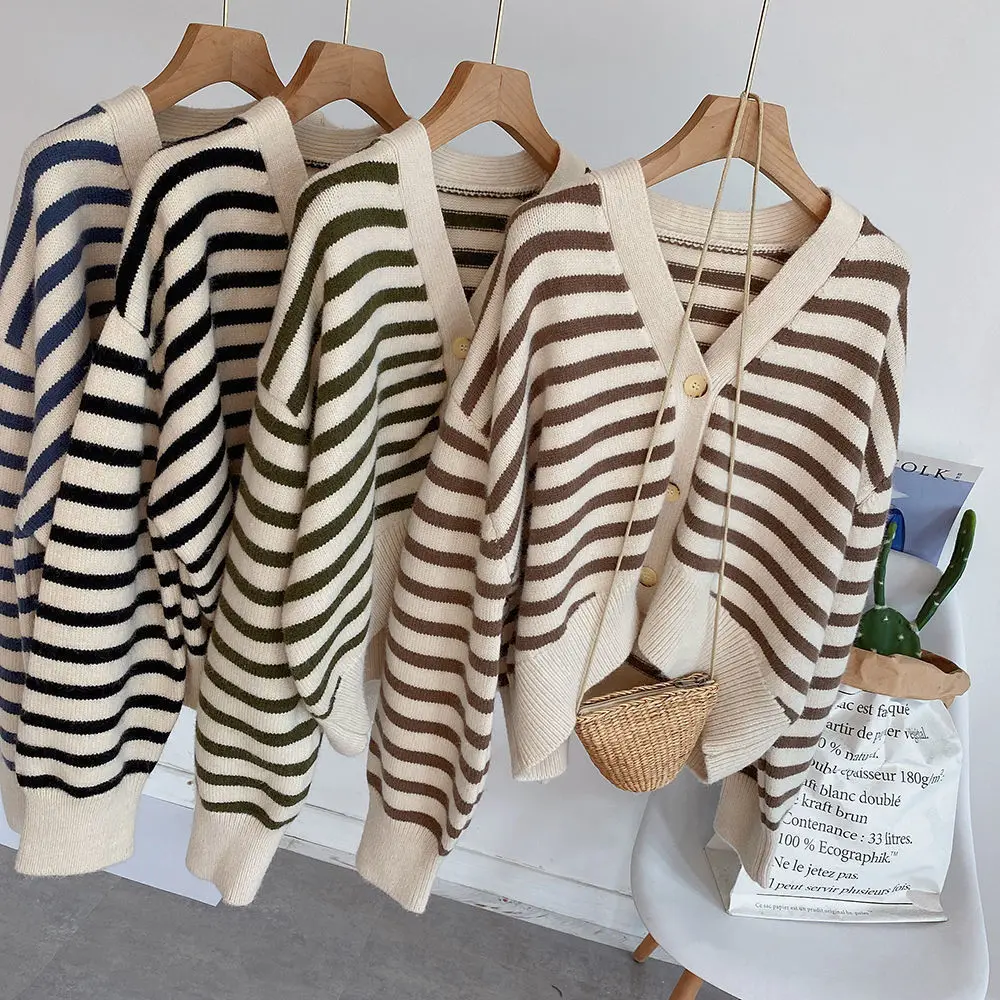 Women Striped Short Sweater Fashion V-neck Single Buttons Knitted Cardigans 2024 Casual Female Long sleeve Outwear Coat