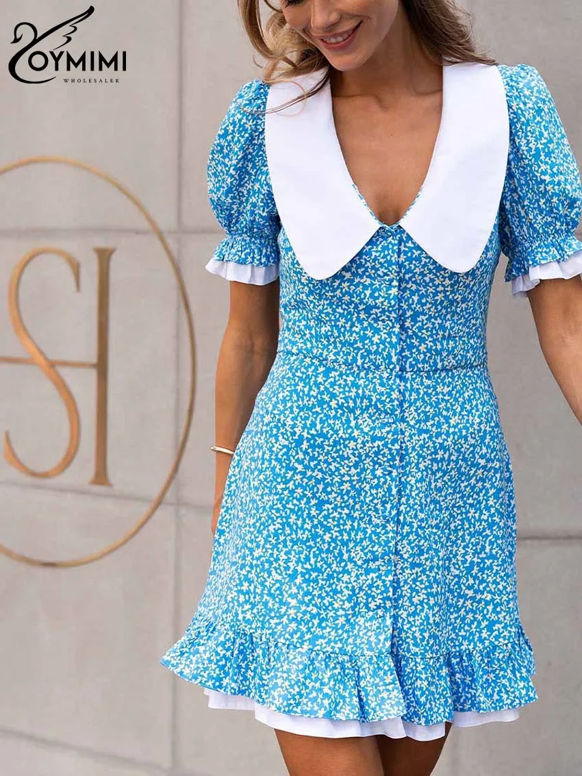 Oymimi Fashion Blue Print Dresses 2024 Women Elegant Peter Pan Collar Patchwork Short Sleeve Dresses Casual Button Pleated Dress