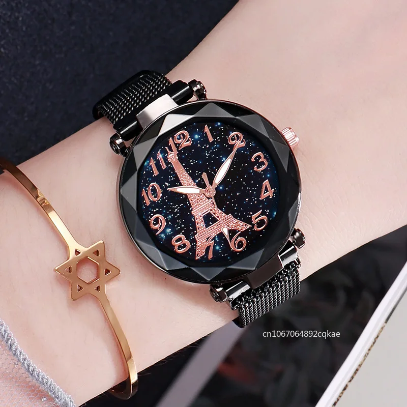 Reloj de correa de acero de malla de lujo para mujer, reloj de estrella de la Torre Eiffel, vestido de mujer Simple, reloj de pulsera de fiesta, regalos femeninos