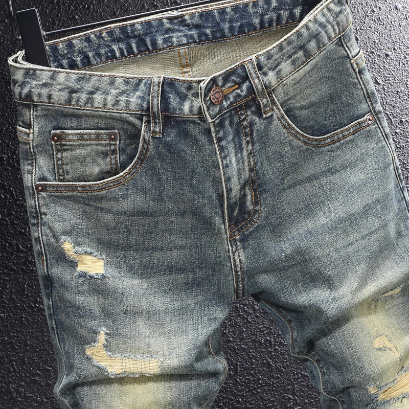 Y2K ファッション 新しいジーンズ しわ、傷、刺繍、ウォッシュ加工、ノスタルジック、伸縮性、痩身、レトロ、イエロー ブルー ジーンズ