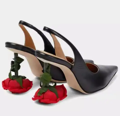 뷰티 레드 로즈 플라워 포인티드 토 슬링백 펌프스, 레드 블랙 스웨이드, 리얼 가죽 웨딩 슈즈, 연회 하이힐, 이상한 힐