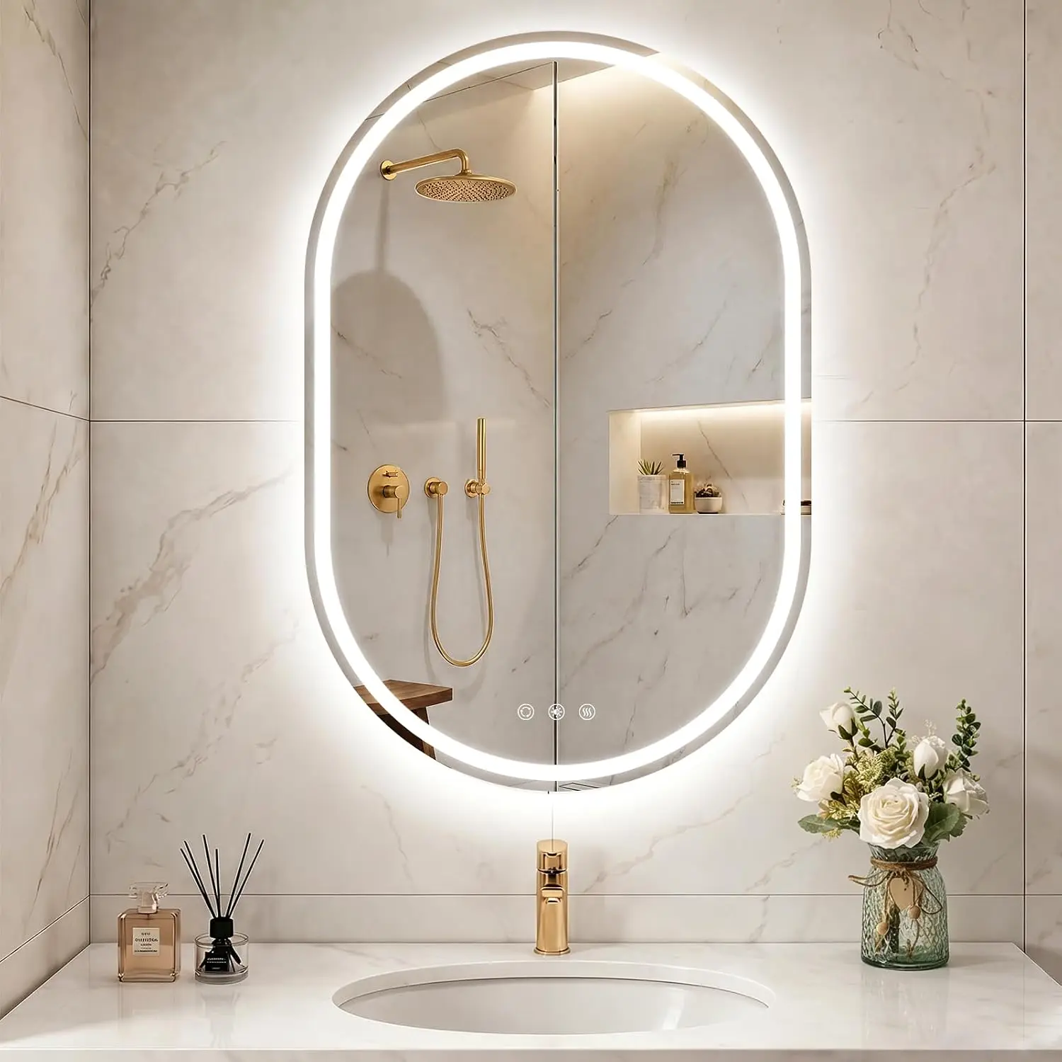 24x36 Oval LED Lighted Bathroom Mirror Frameless Fogless Dimmable Shatterproof Touch Sensor 3 Color Change