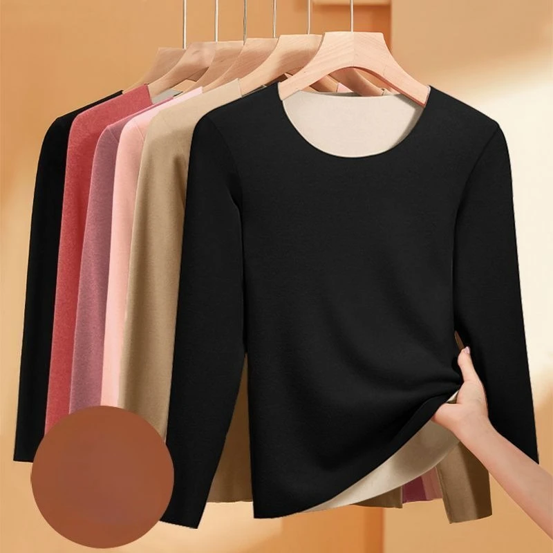 Autumn Winter Women's Round Neck Base Shirt Inner Top with Thick Velvet Insulation Underwear Women's T-shirt Autumn Clothes