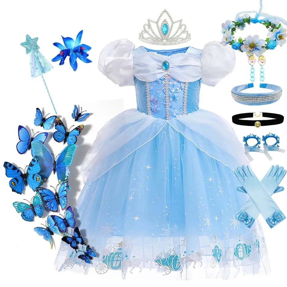 Ragazza cenerentola Princess Dress Halloween Christmas Ball Gown Girls Carnival Kid Costume Cosplay con guanti per la festa di compleanno