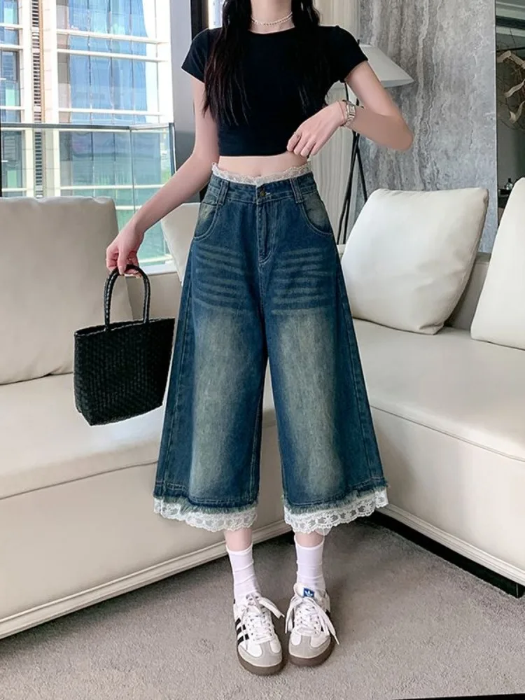 여름 여성용 미국 레트로 레이스 패치워크 블루 패션 청바지, 하이웨이스트 슬리밍 와이드 레그 크롭 팬츠