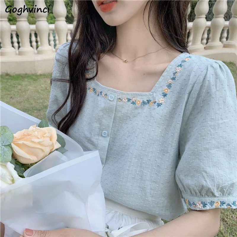 Shirts Women Simple Floral Kawaii Japan Style Fashion Puff Sleeve Design Tender Feminino Aesthetic Clothes Summer Sale All-match