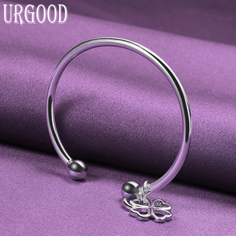 925 Sterling Silver Simple Four Leaf Grass Bangle For Women Man Party Engagement Wedding Romantic Fashion Jewelry Gift