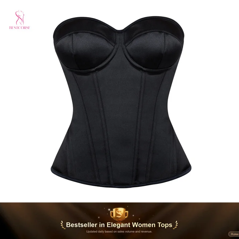 

XS Elegant Long Black Satin Corset Crop Tops For Evening Women Lace Up Overbust Plus Size Strapless Bustier Minimalist Premium