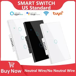 Tuya Smart Switches Amerikaanse neutrale draad / geen neutrale draad vereist 1/2/3/4 Gang Light WiFi Touch Switch Werk met Alexa Google Home