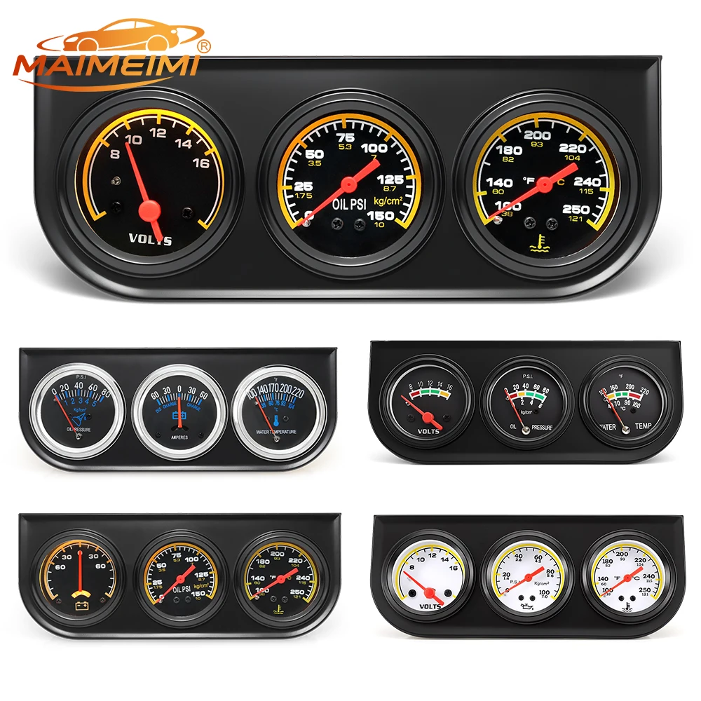 Oil Temp Oil Pressure Volt 3-In-1 Kit Meter 52mm Car Multi-function Black/Chrome Bezel Triple Gauge Set Instrument With Sensor