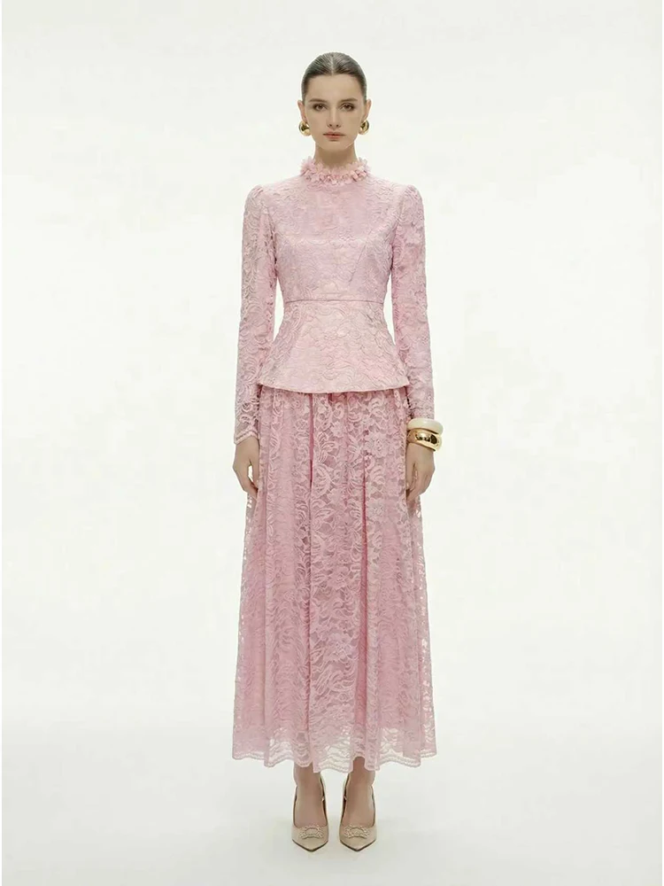 

Women Lace Skirts Two Piece Set Sexy O Neck Long Sleeves Flowers Top + A-line Long Skirts Suits Party Evening Cocktail Sets