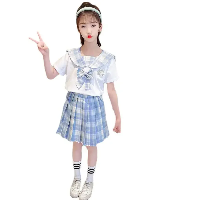 2024 new teens Summer Fashion Child Primary School Girl JK Uniform Bow sailor Collar Blouse Shirt + Plaid Pleated Skirt 2pc/Set