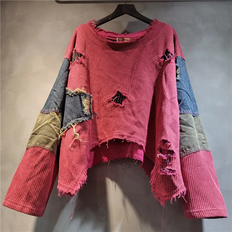 WTHT 패션 신상 여성용 불규칙 패치워크 홀 루즈 스웨터 2025 가을 트렌디 O넥 긴팔 풀오버 여성용 1LS2564