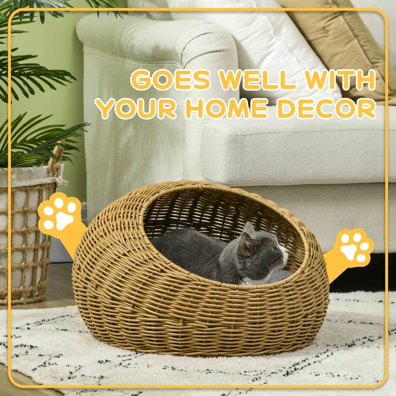

PawHut Rattan Cat Bed Basket Chair with Removable Washable Cushion for Cats Puppies Under 9 lbs Stylish Home Decor Pet House