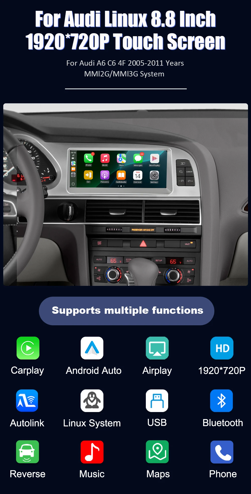 8.8 Inch Linux Wireless CarPlay Andorid Auto Car Radio For Audi A6 C6 4F 2005-2011 MMI 2G 3G GPS Navigation Stereo Autoradio