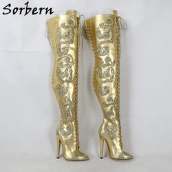 Sorbern Gold Genuine Leather Boots Mid Thigh High Women Stilettos High Heel Glitter Flowers Ladies Heeled Custom Lace Up Back