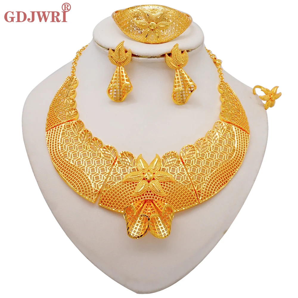 Ethiopian Gold Color Jewelry Set For Women Dubai Bridal Necklace Earring Bracelet Ring Set Moroccan African Jewellery Gift