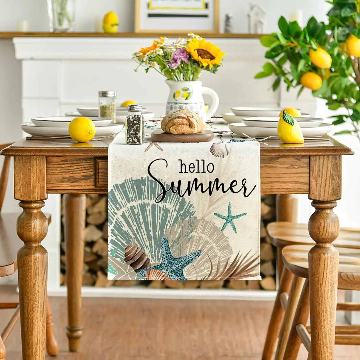 Conch Starfish Hello Summer Table Runner, Sea Shell Seasonal Kitchen Dining Table Decoration for Home Party Decor