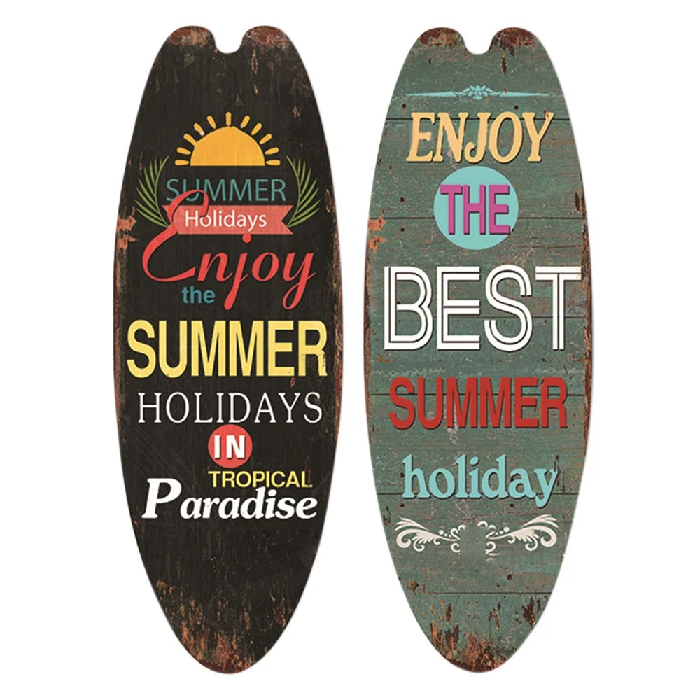 2Pcs String Festival Bar Home Decor Casual Home Decor Vintage Wooden Sign Surfboard Wooden Sign Beach Style Hanging 2