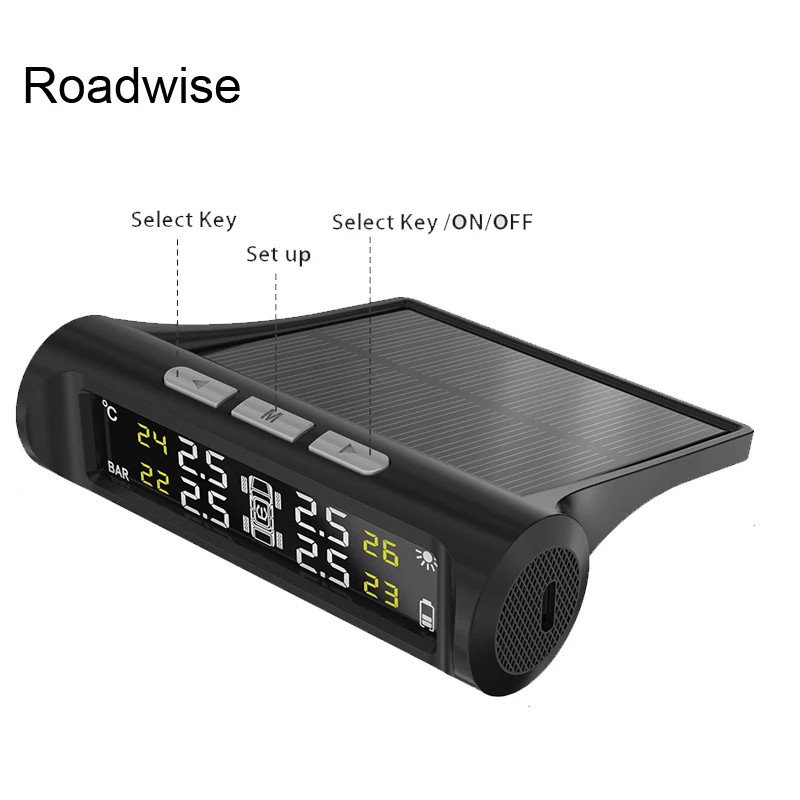 

Roadwise Smart Car TPMS Tire Pressure Monitoring System Solar Power Digital TMPS LCD Display USB Auto Security Alarm Tire Sensor