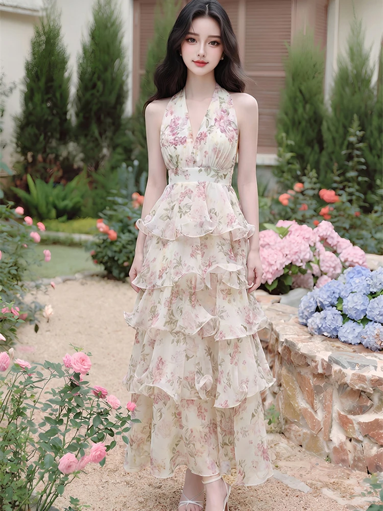 

Women Floral Chiffon Chic Ruffled Luxury Long Dress Summer Neck Mounted Evening Dress 2026 Korean Fashion Elegant Bodycon Dress