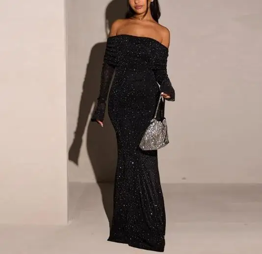

Women's 2026 Spring New One Shoulder Mesh with Silver Shining Silk Shrinking Waist, Sexy Bag Hip Dress Gorgeous Socialite Dress