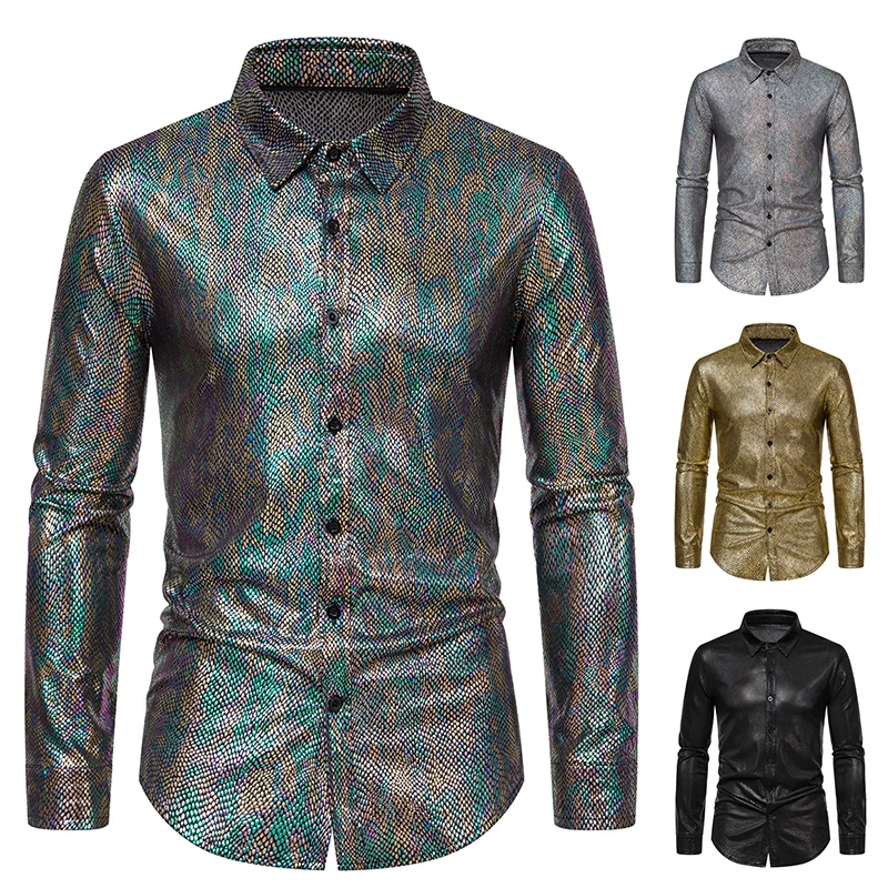 2024 Spring New Men\'s Snakeskin Pattern Hot Stamping Shirt Men\'s Stage Costume Banquet Men\'s Long Sleeve Shirt Shiny Party Shirt