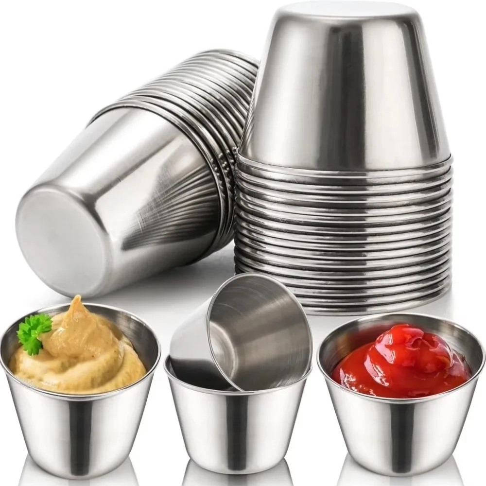 Durable 1.5 Oz Capacity Sauce Cups Stainless Steel Mini Size Dipping Bowls Reusable Serving Containers For Salad Dressing