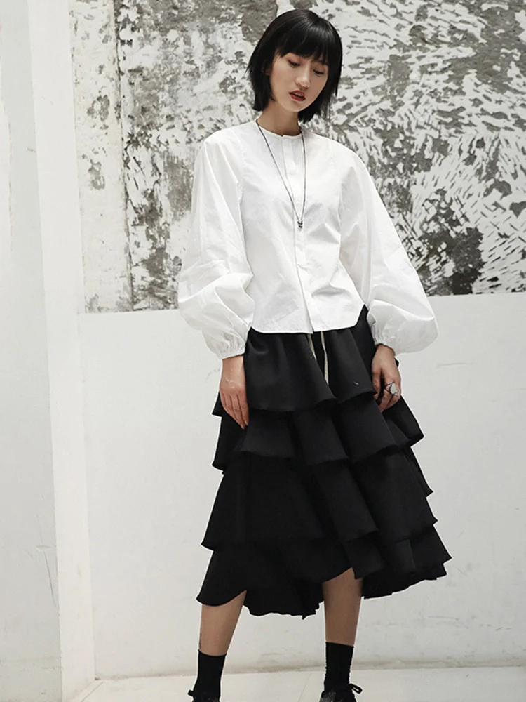 [EAM] Women White Elegant Blouse New Stand Collar Long Lantern Sleeve Loose Fit Shirt Fashion Tide Spring Autumn 2024 JI516