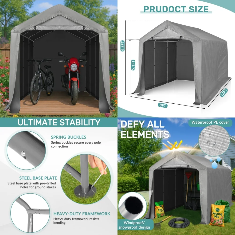 

GazebosPortable Outdoor Storage Shed 8x12 FT Waterproof Garage for Motorcycle Bike Tent