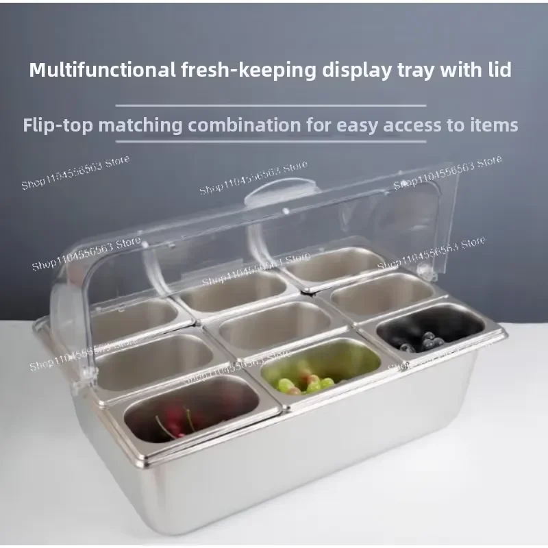 Countertop 6-Pan Food Container – Cold Serving Buffet Tray & Condiment Dispenser (Salad Dressing/Spice/Fruit)
