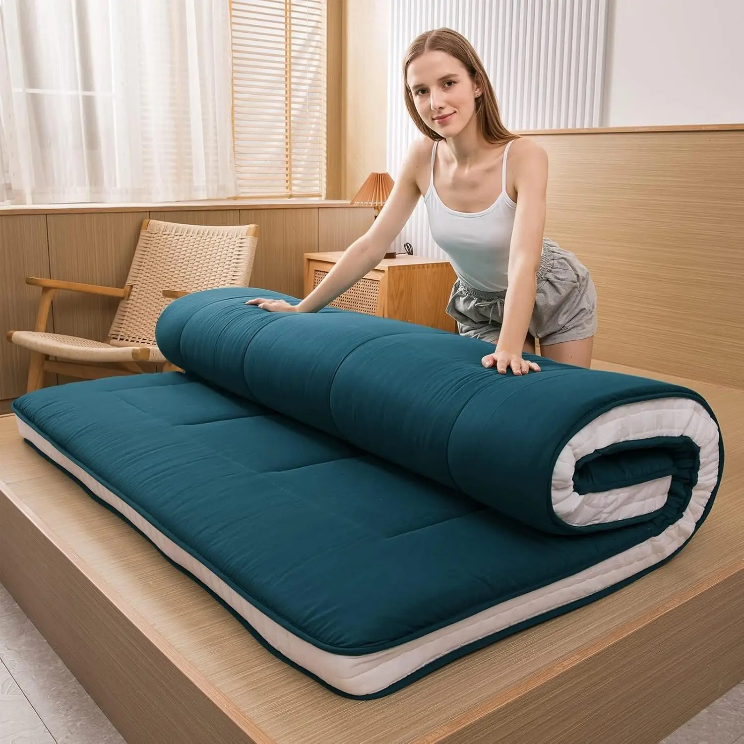 Futón de suelo para cuna, colchón de cama individual doble estrecho para adultos, cama de suelo enrollable plegable para niños, Camping Bluestone