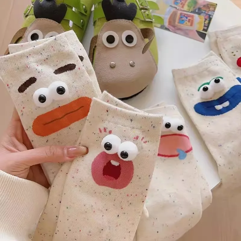 Ugly Cute Funny Cartoon Big Eyes Sock Casual White Dots Yarn Girls Kawaii Designer Socks Home Floor Sleeping Mid-tube Sockings