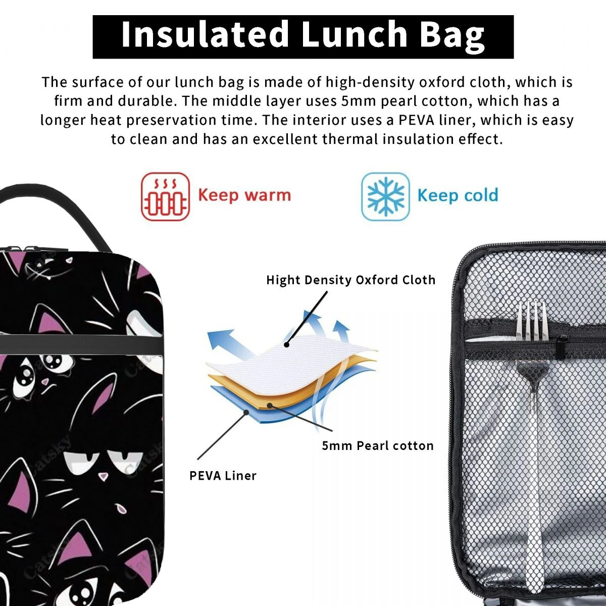 Funny Cartoon Black Cat Portable aluminum foil thickened lunch bag waterproof and thermal insulation printed lunchs tote bags