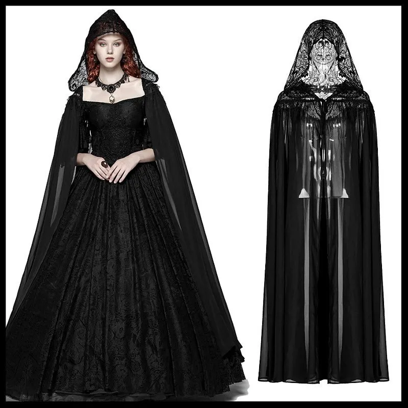 

Halloween New Lace Stage Performance Costume Black Hooded Long Cloak Women's Witch Cosplay Cloak Shoulder Wrap Ethnic Stage C...