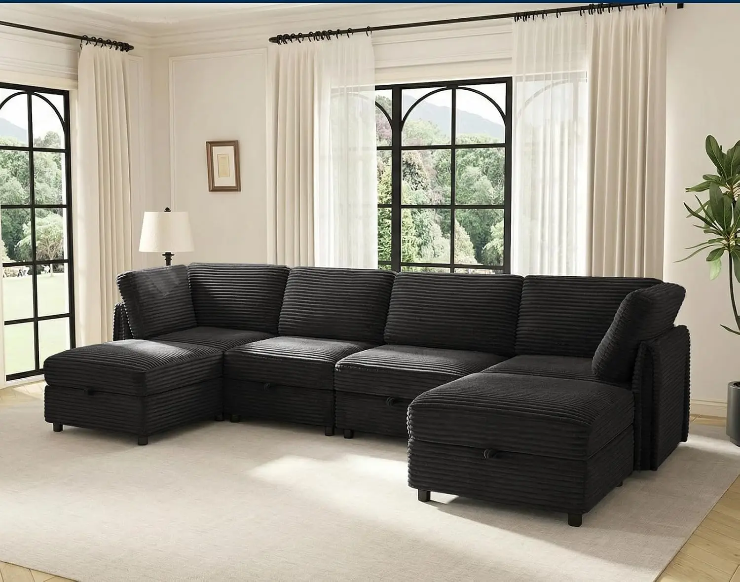 Modular U-Shaped 6-Seater Sofa with Storage Ottoman, Convertible L-Shape Corduroy Couch for Living Room, Black, Customized