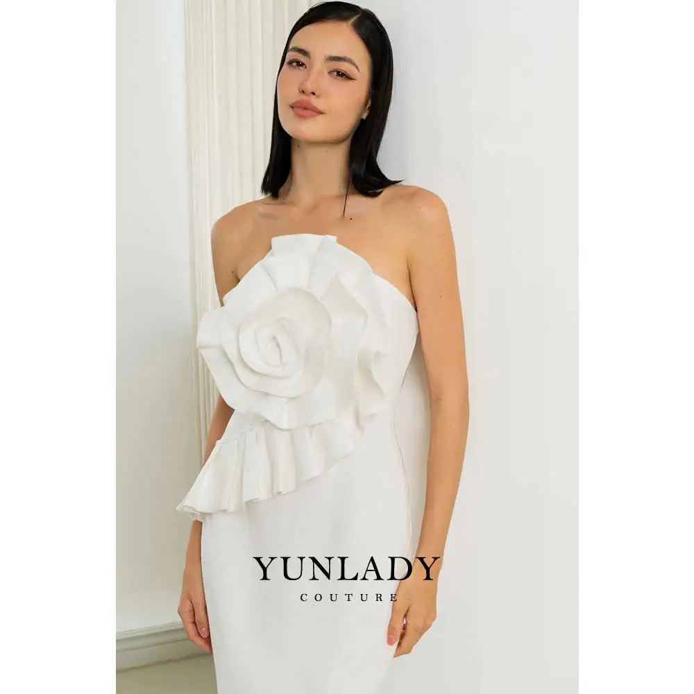 Yunlan-vestido de noite sem alças, dubai noiva, branco, flor 3d, vestido árabe festa bola, dama de honra vestido midi, 2024