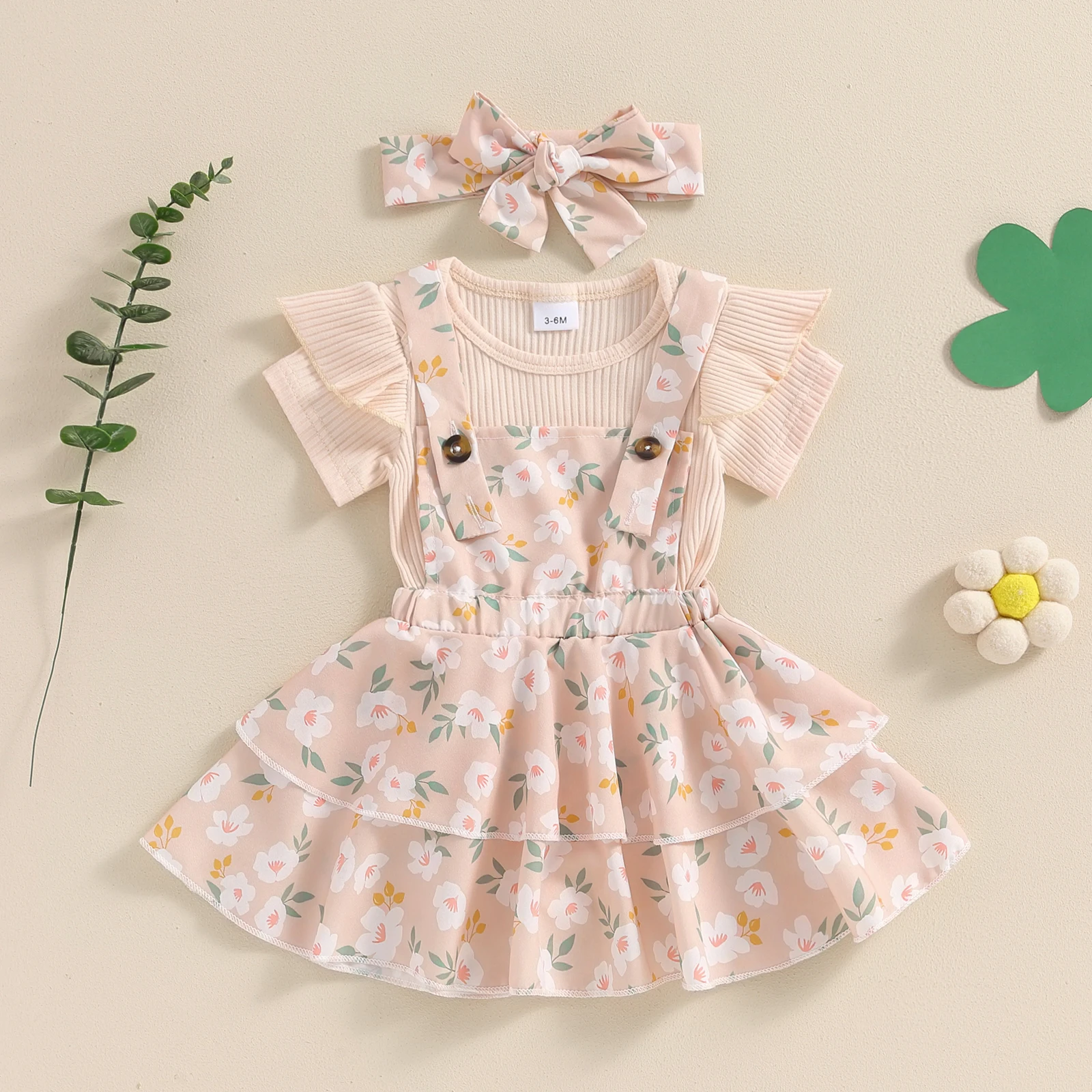 Infant Toddler Baby Girls Clothes Sets Summer Outfit Short Sleeves Rompers Floral Suspender Skirt Headband