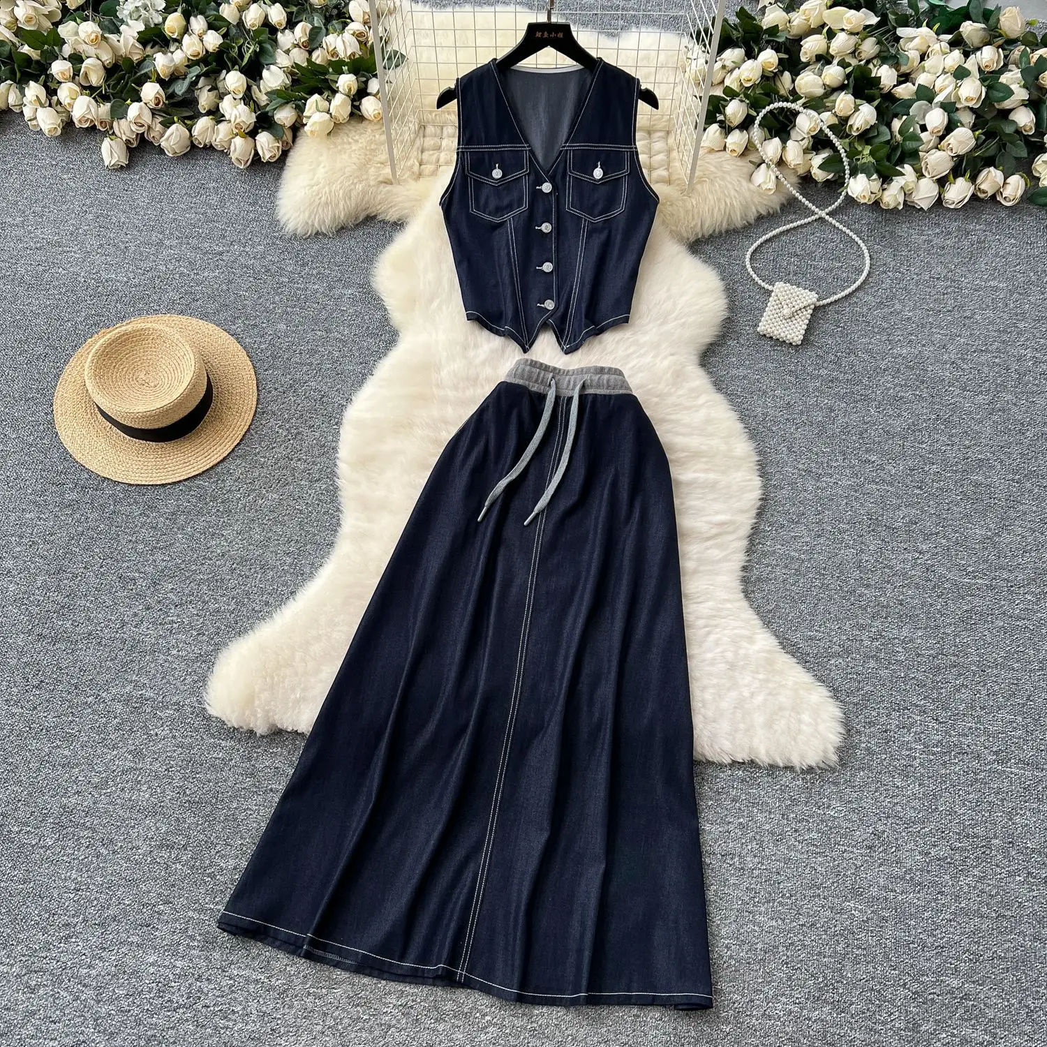 

Women Dress Sets Denim Ankle Length Skirts Vest Sleeveless Single Breasted Solid Two Pieces Loose Fit Casual Summer 2025