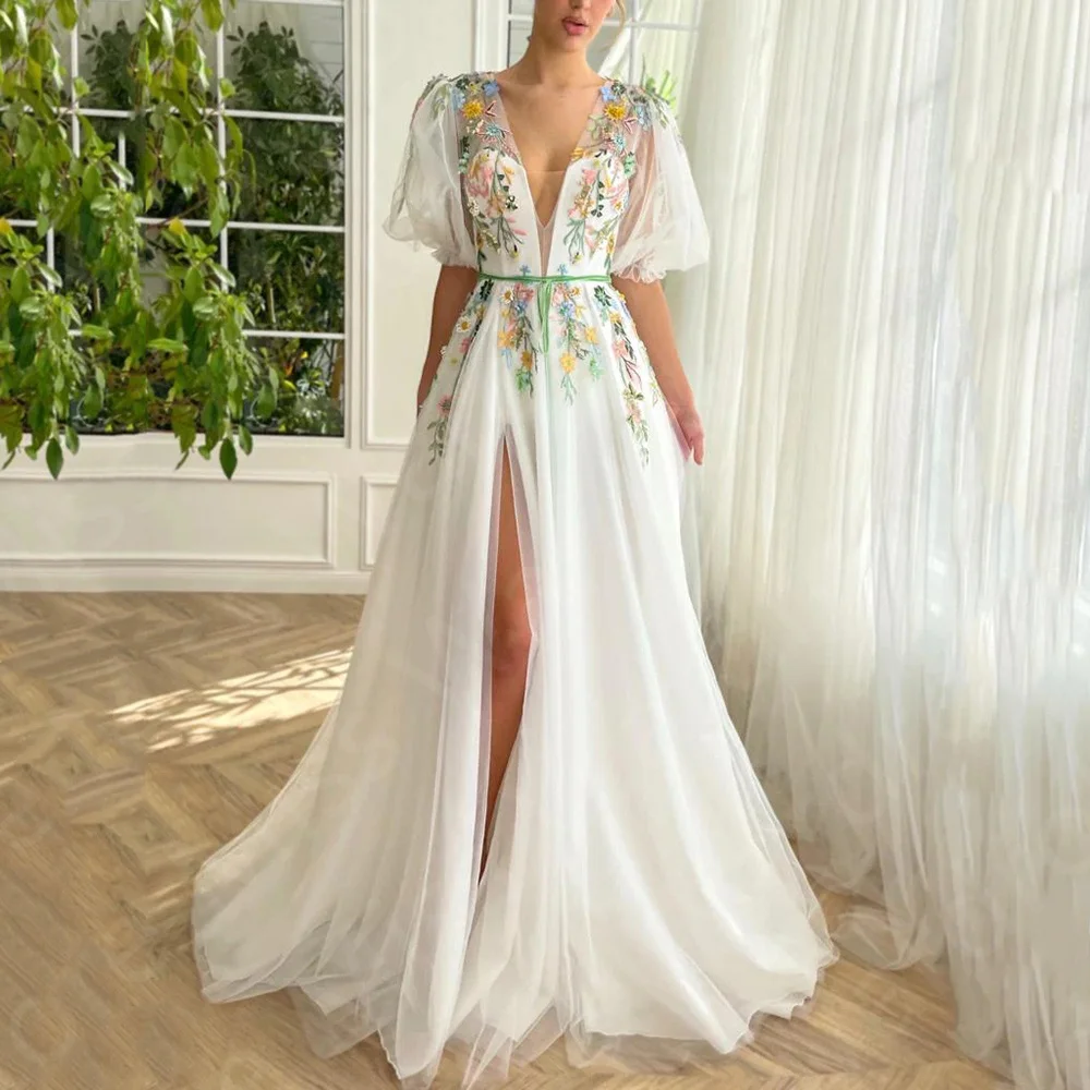 

New Arrival Summer White Prom Party Gowns 2024 Half Sleeve Evening Dresses Thigh Split Wedding Guest Dresses Back Out Appliqued