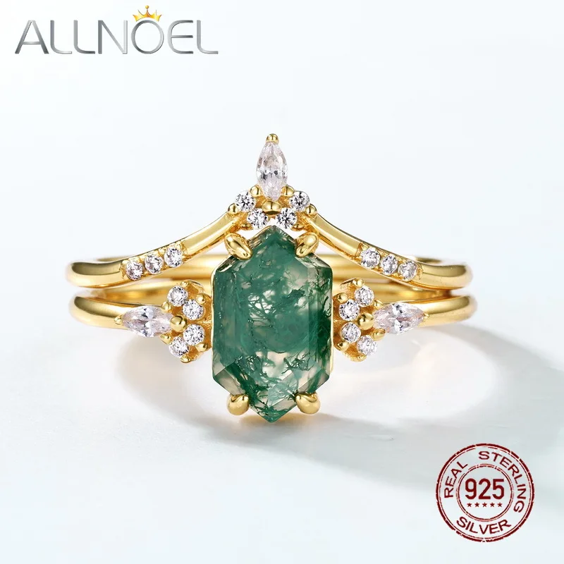 

ALLNOEL Unique 6x8mm Hexagon Cut Green Moss Agate Stone Finger Ring 925 Sterling Silver Geometric Combination Ring for women