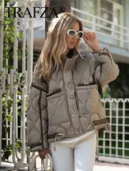 TRAFZA Women Vintage Solid Quilted Coat Stand Collar Long Sleeve Zipper Jacket Casual Drawstring Pocket Design Winter Outwear