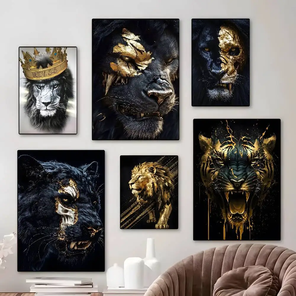 الحيوانات الأسود والذهبي النمر الأسد المشارك الفن قماش HD الجمالية ورق الطباعة جدار الفن لغرفة المعيشة بار ديكور المنزل الموضة