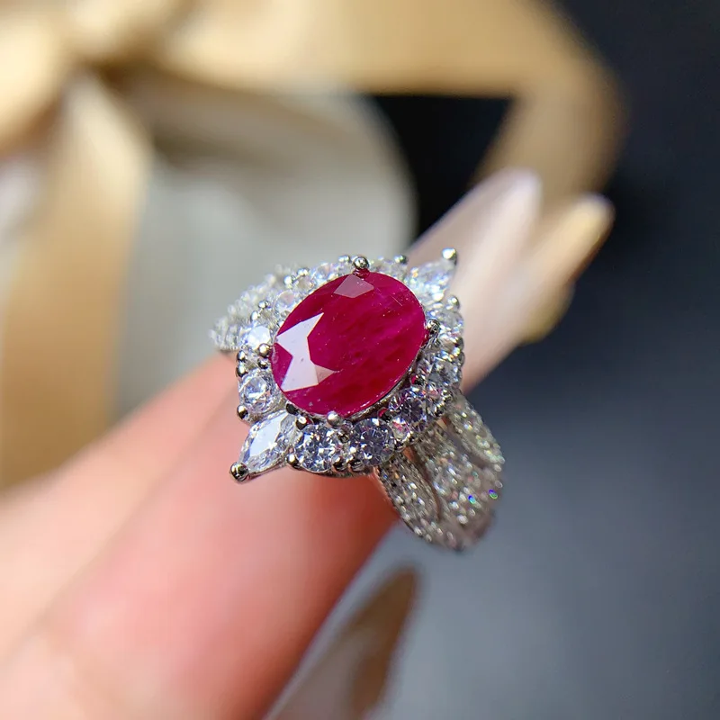 Heated Natural Ruby Ring, Vintage Gemstone Jewelry 925 Silver 8x6mm Main Stone Adjustable, Elegant Gift for Women