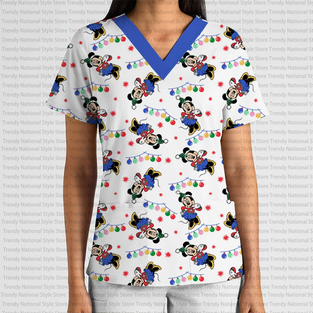 新しいエレガントな女性の作業服クリスマススノーフレークミッキーとミニープリントフロストトップVネックポケットTシャツ付き