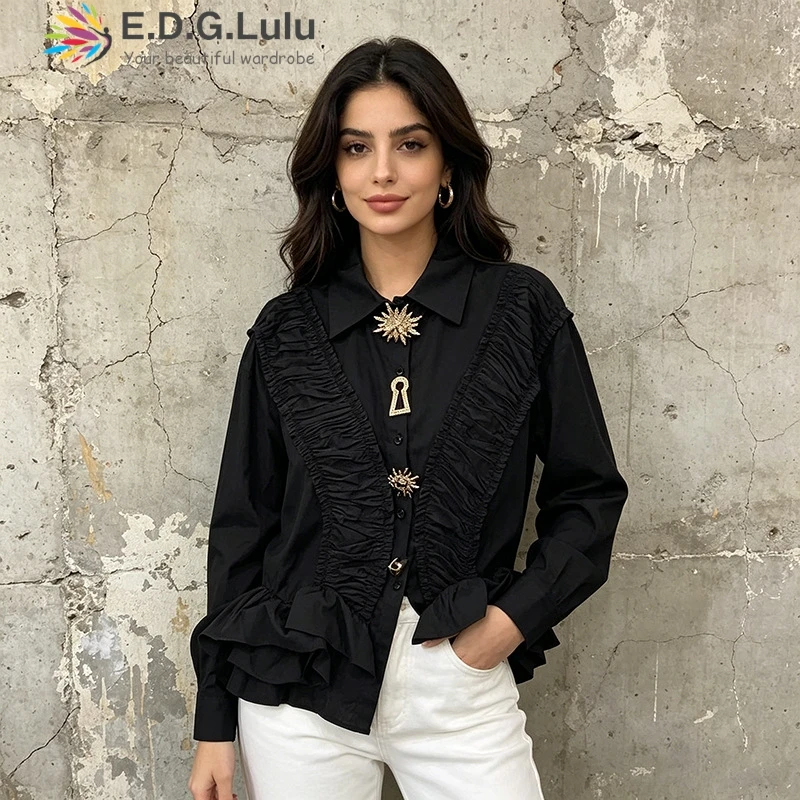 EDGLuLu Heavy Industry Metal Single Breasted White Shirt 2026 New Design Irregular Pleated Lotus Leaf Edges Top Blouse 0519