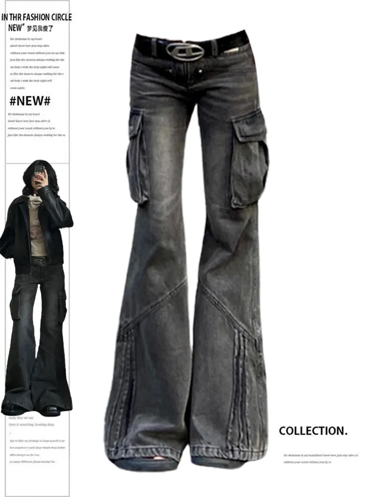 Women's Low Waist Washed Black Denim Jeans Gothic Emo Y2k Baggy Flare Cargo Jeans Vintage Wide Leg Pants Harajuku Denim Trousers